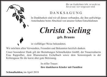Traueranzeige von Christa Sieling von Südthüringer Presse