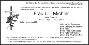 Traueranzeige von Lilli Michler von Frankenpost