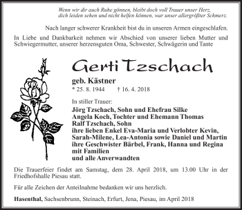 Traueranzeige von Gerti Tzschach von Südthüringer Presse