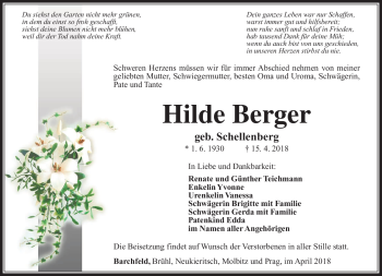 Traueranzeige von Hilde Berger von Südthüringer Presse