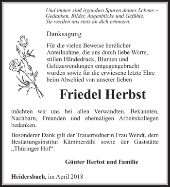 Traueranzeige von Friedel Herbst von Südthüringer Presse