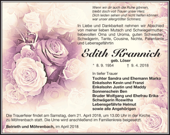 Traueranzeige von Edith Krannich von Südthüringer Presse