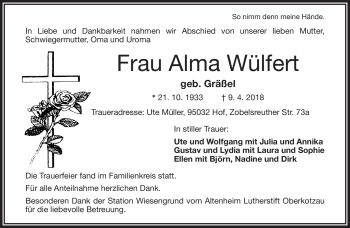 Traueranzeige von Alma Wülfert von Frankenpost