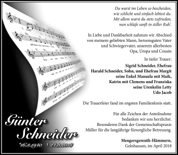 Traueranzeige von Günter Schneider von Südthüringer Presse