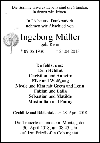 Traueranzeige von Ingeborg Müller von Neue Presse Coburg