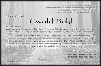 Traueranzeige von Ewald Bohl von Südthüringer Presse