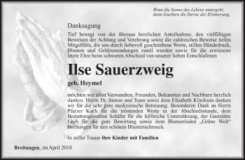Traueranzeige von Ilse Sauerzweig von Südthüringer Presse