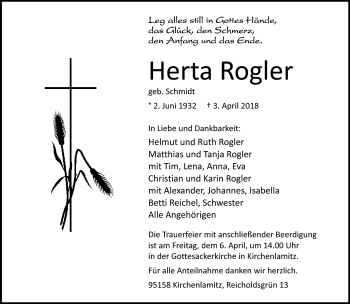 Traueranzeige von Herta Rogler von Frankenpost