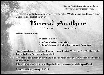 Traueranzeige von Bernd Amthor von Südthüringer Presse