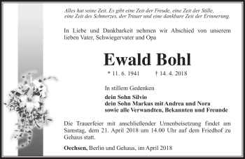 Traueranzeige von Ewald Bohl von Südthüringer Presse