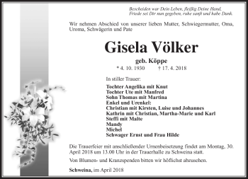 Traueranzeige von Gisela Völker von Südthüringer Presse