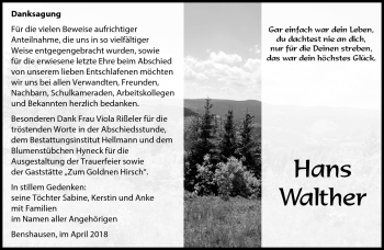 Traueranzeige von Hans Walther von Südthüringer Presse