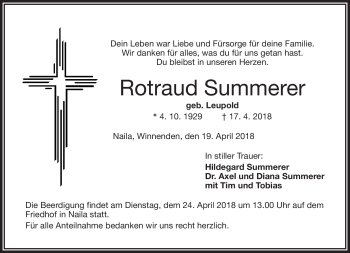 Traueranzeige von Rotraud Summerer von Frankenpost