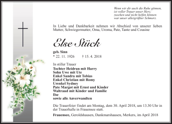Traueranzeige von Else Stück von Südthüringer Presse