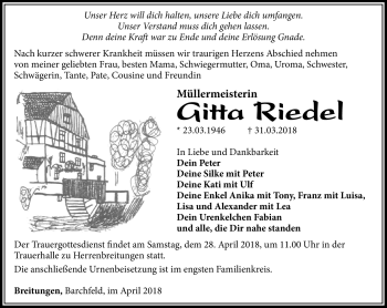 Traueranzeige von Gitta Riedel von Südthüringer Presse