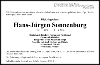 Traueranzeige von Hans-Jürgen Sonnenburg von Südthüringer Presse