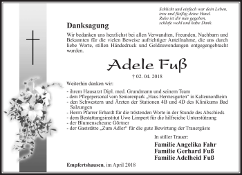 Traueranzeige von Adele Fuß von Südthüringer Presse