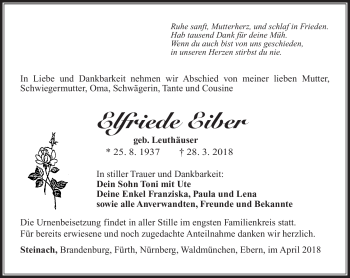 Traueranzeige von Elfriede Eiber von Südthüringer Presse