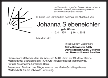 Traueranzeige von Johanna Siebeneichler von Frankenpost