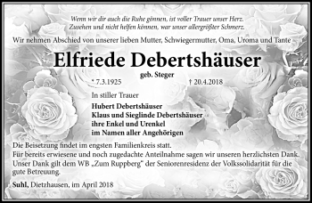 Traueranzeige von Elfriede Debertshäuser von Südthüringer Presse