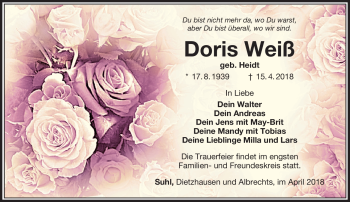 Traueranzeige von Doris Weiß von Südthüringer Presse