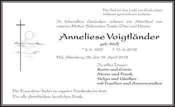 Traueranzeige von Anneliese Voigtländer von Frankenpost
