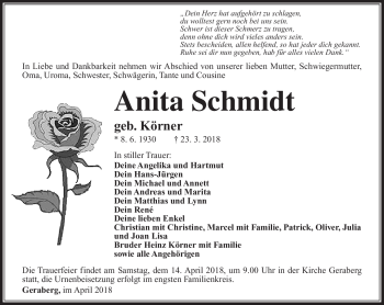 Traueranzeige von Anita Schmidt von Südthüringer Presse