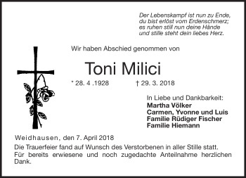Traueranzeige von Toni Milici von Neue Presse Coburg