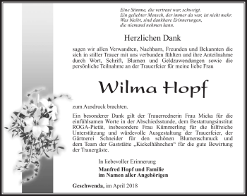 Traueranzeige von Wilma Hopf von Südthüringer Presse