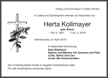 Traueranzeige von Herta Kollmayer von Frankenpost