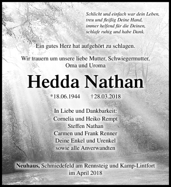 Traueranzeige von Hedda Nathan von Südthüringer Presse