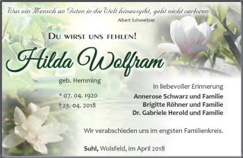 Traueranzeige von Hilda Wolfram von Südthüringer Presse