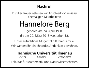 Traueranzeige von Hannelore Berg von Südthüringer Presse