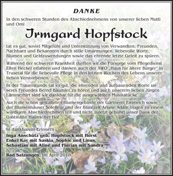 Traueranzeige von Irmgard Hopfstock von Südthüringer Presse