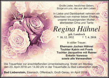 Traueranzeige von Regina Hähnel von Südthüringer Presse