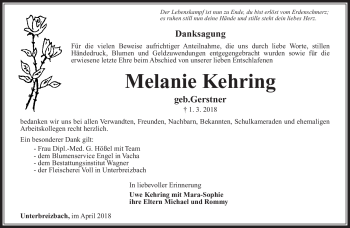 Traueranzeige von Melanie Kehring von Südthüringer Presse