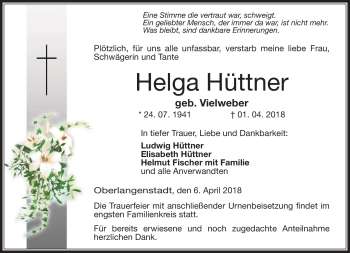 Traueranzeige von Helga Hüttner von Neue Presse Coburg