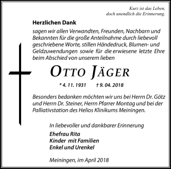 Traueranzeige von Otto Jäger von Südthüringer Presse