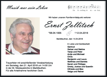 Traueranzeige von Ernst Zollitsch von Frankenpost