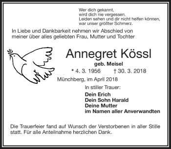 Traueranzeige von Annegret Kössel von Frankenpost