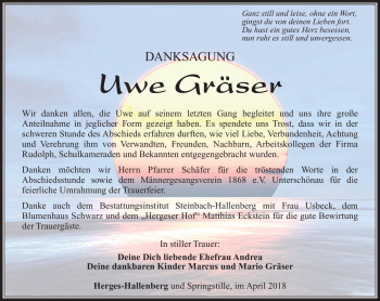Traueranzeige von Uwe Gräser von Südthüringer Presse