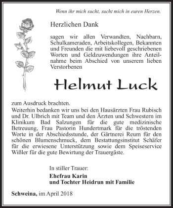 Traueranzeige von Helmut Luck von Südthüringer Presse