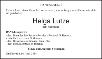 Traueranzeige von Helga Lutze von Südthüringer Presse