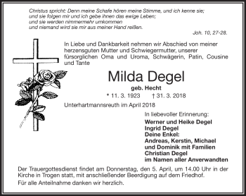 Traueranzeige von Milda Degel von Frankenpost