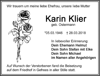 Traueranzeige von Karin Klier von Frankenpost