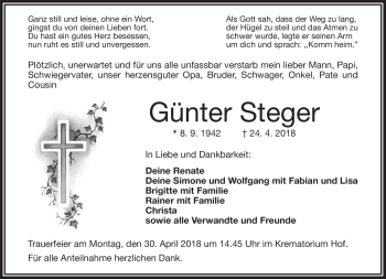 Traueranzeige von Günter Steger von Frankenpost