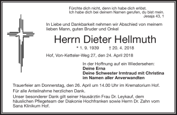 Traueranzeige von Dieter Hellmuth von Frankenpost
