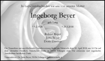 Traueranzeige von Ingeborg Beyer von Frankenpost