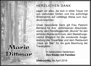 Traueranzeige von Marie Dittmar von Südthüringer Presse
