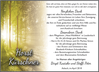 Traueranzeige von Horst Kürschner von Südthüringer Presse